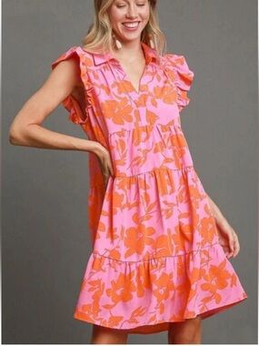 Umgee Pink Floral Tiered Mini Dress with Orange Print